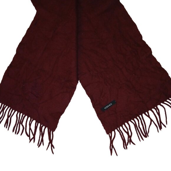 Versace Burgundy Fringed Scarf with Embroidered Medusa Pre-Owned - Picture 5 of 8